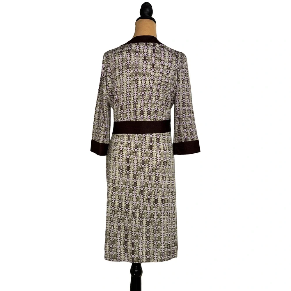 Tory Burch Silk Geometric Print Notched V-Neck Dress Brown Green Lavender Size M
